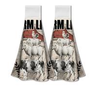 WADORN 2 Pack Farm Animals Kitchen Hanging Towels with Loop, Cow Pig Sheep Chicken Farm Life Hand Tie Towel Microfiber Soft Absorbent Hanging Dish Tea Washcloth 12.4x17.1 Inch for Rustic Home