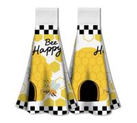 WADORN 2 Pack Honey Bee Happy Kitchen Hanging Towels with Loop, Bee Honeycomb Decorative Hand Tie Towel Microfiber Soft Absorbent Hanging Dish Tea Washcloth 12.4x17.1 Inch for Home Holiday Party