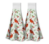 WADORN 2 Pack Red Cardinal Bird Kitchen Hanging Towels with Loop, Berry Cardinal Christmas Hand Tie Towel Microfiber Soft Absorbent Hanging Dish Tea Washcloth 12.4x17.1 Inch for Kitchen Holiday Xmas
