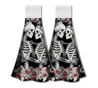WADORN 2 Pack Skull Kitchen Hanging Towels with Loop, Gothic Skeleton Hand Tie Towel Decorative Microfiber Soft Absorbent Hanging Dish Tea Washcloth 17.1x12.4 Inch for Home Kitchen Laundry Bathroom