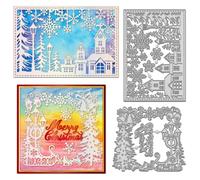 WADORN 2 Styles Christmas Blessing Words Cutting Cut Die, Mixed Merry Christmas Cutting Die Stencil Christmas Tree House Frame Background Snowflakes Embossing Stencil for DIY Scrapbooking Card Photo