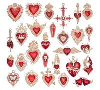 WADORN 28Pcs Vintage Gothic Skull Heart Cross Charms, Halloween Theme Alloy Enamel Dangle Charms Assorted Metal Love Heart Cross Pendants for DIY Bracelet Necklace Earring Jewelry Making, Gold Red