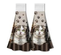 WADORN 2Pcs Cats Kitchen Towels with Hanging Loop, Funny Cats Kitchen Hand Towel Dishcloth Towels Cute Cat Soft Absorbent Hanging Tie Towel for Kitchen Washroom Bathroom Home Decor