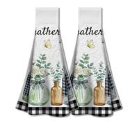 WADORN 2Pcs Eucalyptus Leaves Kitchen Towels with Hanging Loop, Soft Absorbent Buffalo Plaid Flower Hand Towels Spring Summer Dish Cloths for Housewarming Gift Bathroom, 13.5x12.4 Inches