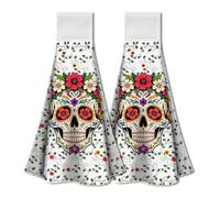 WADORN 2Pcs Fiesta Skull Vine Hand Towels with Hanging Loop, Soft Absorbent Halloween Skull Floral Decor Kitchen Towels Colorful Skulls Dish Cloths for Home Bathroom Kitchen, 17.1x12.4 inches