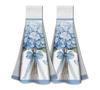 WADORN 2Pcs Hydrangea Kitchen Towels with Hanging Loop, Hydrangea Bouquets Kitchen Hand Towel Dishcloth Towel Soft Absorbent Hanging Tie Towels for Kitchen Washroom Bathroom Home Decor