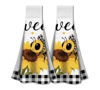 WADORN 2Pcs Sunflower Bee Hand Towels with Hanging Loop, Soft Absorbent Sweet Floral Kitchen Towels Buffalo Plaid Farmhouse Dish Cloths for Housewarming Gift Bathroom, 17.1x12.4 Inches