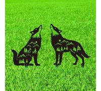WADORN 2Pcs Wolf Metal Decorative Garden Stakes, Howling Wolf Forest Mountains Silhouette Metal Outdoor Statues Animal Garden Ornament Gifts Black Yard Art Decorations for Home Patio Backyard Lawn