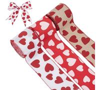 WADORN 3 Rolls 13 Yards Heart Love Burlap Wired Ribbon, 2.5Inch Heart Printed Edge Sweet Wedding Anniversary Craft Ribbon for DIY Valentine's Day Wedding Party Mother's Day Holiday Decoration