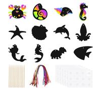WADORN 48Pcs Ocean Crafts, Ocean Animals Scratch Masks Magic Rainbow Sea World Theme Scratch Cards DIY Under The Sea Magic Color Card Art Kit for Summer Party Home Birthday Classroom Party Favors
