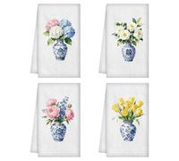 WADORN 4Pcs Blue White Porcelain Hand Towels, Funny Chinoiserie Vase Decorative Tea Dish Towel Soft Absorbent Floral Hydrangea Peony Camellia Tulip Kitchen Dish Cloths for Cooking Baking, 24x16 Inch