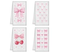 WADORN 4Pcs Cute Bow Cherry Hand Towels, Pink Coquette Decorative Kitchen Dish Towels 24 x 16 Inch Microfiber Absorbent Soft Hand Tea Dishcloth for Cooking Baking Bathroom Holiday Housewarming Gifts