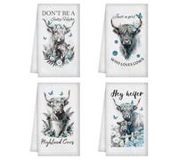 WADORN 4Pcs Highland Cattle Hand Towels, Vintage Farmhouse Rustic Kitchen Dish Towels 24 x 16 Inch Animal Microfiber Absorbent Soft Tea Dishcloths for Cooking Bathroom Holiday Housewarming Gifts