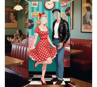 WADORN 50s Party Theme Photo Banner for Party Decor, 5.9x2.9ft 50's Rock and Roll Photo Door Backdrop Props Decor Sock Hop Large Fabric Photography Background Supplies for Indoor Outdoor