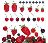 WADORN 60Pcs 4 Styles Fake Fruit Plastic Strawberry Blueberries Cherry Decorations Realistic Strawberry Raspberry Kitchen Decor for Birthday Baby Shower Party Garland Table Centerpieces Cake Topper