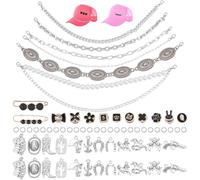 WADORN 62Pcs CowboyHat Accessories Kit, Trucket Hat Chains Bill Decoration Detachable Chains Bulk Metal Cactus Boots Poker Horse Hoof Charms for Woman Man DIY Western Baseball Caps Accessories