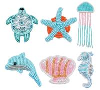 WADORN 6Pcs 6 Styles Ocean Animals Beaded Rhinestone Patches, Tortoise Seashells Starfish Sew On Appliques Pearl Bead Embroidery Applique Patches for Clothing Dress Hat Shoes Garment Embellishment