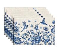 WADORN 6Pcs Hummingbird with Flowers Branches Placemats, 11.8x17.7 Inch Rectangle Printed Flower Placemats Polyester Floral Pattern Watercolor Table Cover for Party Holiday Outdoor Dining Kitchen