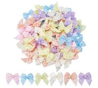 WADORN 90Pcs 6 Color Mini Satin Ribbon Bows with Pearl, Boutique Rainbow Satin Ribbon Bows Flowers Appliques DIY Craft Pre-Tied Ribbon Satin Bows for Sewing Scrapbooking Wedding Christmas (Pastel)