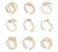 WADORN 9Pcs 9 Styles 18K Gold Plated Blank Rings Base Tray for Jewelry Making, Adjustable Flat Finger Ring Components 304 Stainless Steel Blanks Open Cuff Bezel Trays for DIY Crafts Jewelry Making