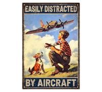 WADORN Airplane Vintage Metal Tin Sign, Easily Distracted by Aircraft Metal Signs Funny Plane Poster Wall Art Plaques for Aviation Airplane Lovers Man Cave Bedroom Bar Home Decor, 7.8x11.8 Inch