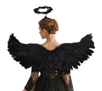 WADORN Angel Black Wings and Halo Headband, Angel Devil Fallen Feather Wings Halloween Cosplay Clothes Dark Angel Costumes Wings for Adults DIY Party Decoration Kits, 29x11 Inches