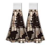WADORN Bears Kitchen Hanging Towel Set of 2, Forest Bears Wild Animal Hand Towel with Loop Hook Absorbent Hanging Tie Towels Dish Tea Towel Washcloth 12.4"x13.5" for Kitchen Laundry Bathroom