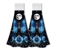 WADORN Blue Butterfly Hanging Kitchen Towels Set of 2, Soft Super Absorbent Boho Blue Flower Hand Towels with Loop Microfiber Witchy Gifts Decorative Hand Dish Towels Tea Towels for Kitchen Bathroom
