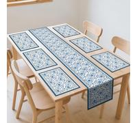 WADORN Blue Floral Branches Table Runner and Placemats Set of 6, Spring Summer Flower Kitchen Dining Table Mats Modern Art Dining Settings for Home Kitchen Tables Protection Party Decoration
