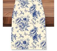 WADORN Blue Floral Table Runner 72 Inches Long, Flower Birds Chinoiserie Table Runner Spring Summer Seasonal Washable Kitchen Dining Table Decoration for Home Party Wedding Indoor Outdoor