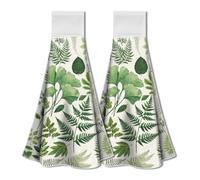 WADORN Botanic Hanging Kitchen Towels Set of 2, Soft Super Absorbent Green Leaves Hand Towels with Loop Microfiber Fern Plant Herbs Decorative Hand Dish Towels Tea Towels for Kitchen Bathroom Home