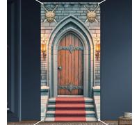 WADORN Castle Door Cover Banner, 2.9x5.9 Ft Medieval Party Banner Decoration Backdrop Arched Door Window Stone Wall Background Hanging Decorations Supplies for Medieval Party Birthday