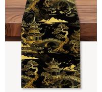 WADORN Chinoiserie Landscape Table Runner, 13x72 Inch Chinese Traditional Landscape Ink Painting Kitchen Dining Table Decoration Asian Nature Scenery Black Gold Tables Runner for Home Kitchen Holiday