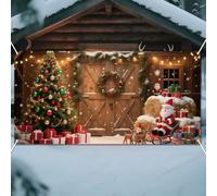 WADORN Christmas Rustic Barn Backdrop, 2.9x5.9 Ft Winter Christmas Tree Snow Wood Door Photography Background Banner Winter Holiday Family Party Decor Photo Props Supplies for Xmas Party Birthday