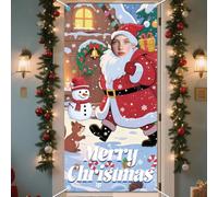 WADORN Christmas Santa Claus Photo Door Banner, 2.9x5.9 Ft Winter Christmas Party Photography Backdrop Large Fabric Santa Claus Face in Hole Hanging Door Cover Banner with Rope for Xmas Holiday Party