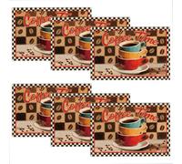 WADORN Coffee Time Vintage Placemats Set of 6, 17.7x11.8 Inch Coffee Cup Retro Table Mats Brown Plaid Rustic Holiday Washable Place Mats for Home Kitchen Dining Holiday Party Banquet Restaurant Cafe