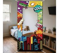 WADORN Comic Hero Photo Frame Props for Party Decor, 5.9x2.9ft Hero Theme Photo Banner Door Backdrop Props Decor Large Fabric Photography Background Birthday Party Supplies for Indoor Outdoor