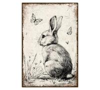 WADORN Cute Sketch Rabbit Metal Tin Sign, Rabbit Drawing Vintage Metal Signs Rabbit Butterflies Wall Art Poster Plaques Decor for Home Kitchen Office Club Garden Porch Pantry Decor, 7.8x11.8 Inch