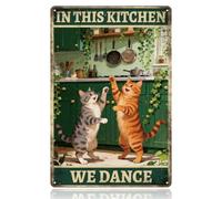 WADORN Dancing Cat Kitchen Vintage Metal Tin Sign, 7.9x11.8 Inch Cat In This Kitchen We Dance Retro Wall Art Sign Funny Love Cooking Metal Decor Gifts Plaque for Cooking Lovers Home Restaurant Cafe