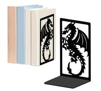 WADORN Dragon for Shelves Decorative 1 pair, Dragon Pattern Pattern Non-Skid Heavy Duty Book Ends Metal Book Holder Black L-Shaped Book Stopper for Library Home Office Desk Door Stop