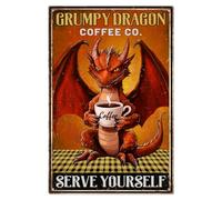 WADORN Dragon Funny Metal Tin Sign, Grumpy Dragon Coffee co. Serve Yourself Vintage Metal Sign Retro Dragon Cafe Bar Home Wall Decoration Plaque for Cafe Office Kitchen Living Room, 7.9x11.8 Inch