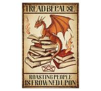 WADORN Dragon Metal Tin Sign, I Read Because Roasting People Is Frowned Upon Retro Tin Sign Hanging Decor for Library Decor Funny Dragon Books Metal Wall Plaque Decor for Home Decor, 11.81x7.87 Inch