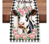 WADORN Farmhouse Cow Table Runner, 13x72 Inch Floral Buffalo Plaid Cow Kitchen Dining Table Decoration Animals Rustic Farmhouse Table Runner for Home Kitchen Holiday Party Cabin Indoor Outdoor