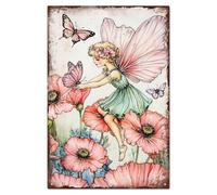 WADORN Flower Fairy Vintage Metal Tin Sign, Poppy Fairy Retro Metal Garden Poster Sign Novelty Garden Painting Home Wall Art Poster Plaques for Rustic Living Room Garden Pub Cafe, 7.8x11.8 Inch