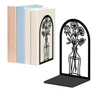 WADORN Flower Vase Bookends for Shelves Decorative 1 pair, Flowers Pattern Non-Skid Heavy Duty Book Ends Metal Book Holder Black L-Shaped Book Stopper for Library Home Office Desk Door Stop