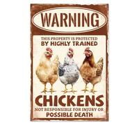 WADORN Funny Chicken Retro Metal Tin Sign, Warning This Property Is Protected By Highly Trained Chickens Vintage Metal Signs Chicken Coop Rustic Decor Gifts for Farmhouse Chicken House, 7.8x11.8 Inch