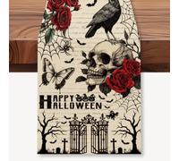 WADORN Halloween Gothic Skull Table Runner, 13x72 Inch Retro Ravens Rose Skull Butterfly Kitchen Dining Table Decoration Happy Halloween Seasonal Tables Runners for Home Holiday Party Housewarming
