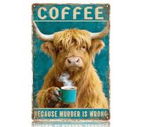 WADORN Highland Cow Coffee Vintage Metal Tin Sign, 8x12 Inch Coffee Because Murder Is Wrong Funny Tin Sign Nostalgic Retro Metal Wall Decor Art Plaque for Home Kitchen Coffee Corner Pub Club