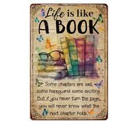 WADORN Life is Like A Book Vintage Metal Tin Sign, 7.9x11.8 Inch Inspirational Quote Butterfly Retro Wall Art Sign Funny Reading Book Metal Decor Gifts Plaque For Living Room Office Library Cafe
