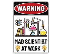 WADORN Mad Scientist Wall Decor Sign, 7.9x11.8 Inch Warning Mad Scientist At Work Retro Metal Tin Sign Funny Science Warning Metal Decor Gifts Plaque Posters For Chemistry Classroom Laboratory